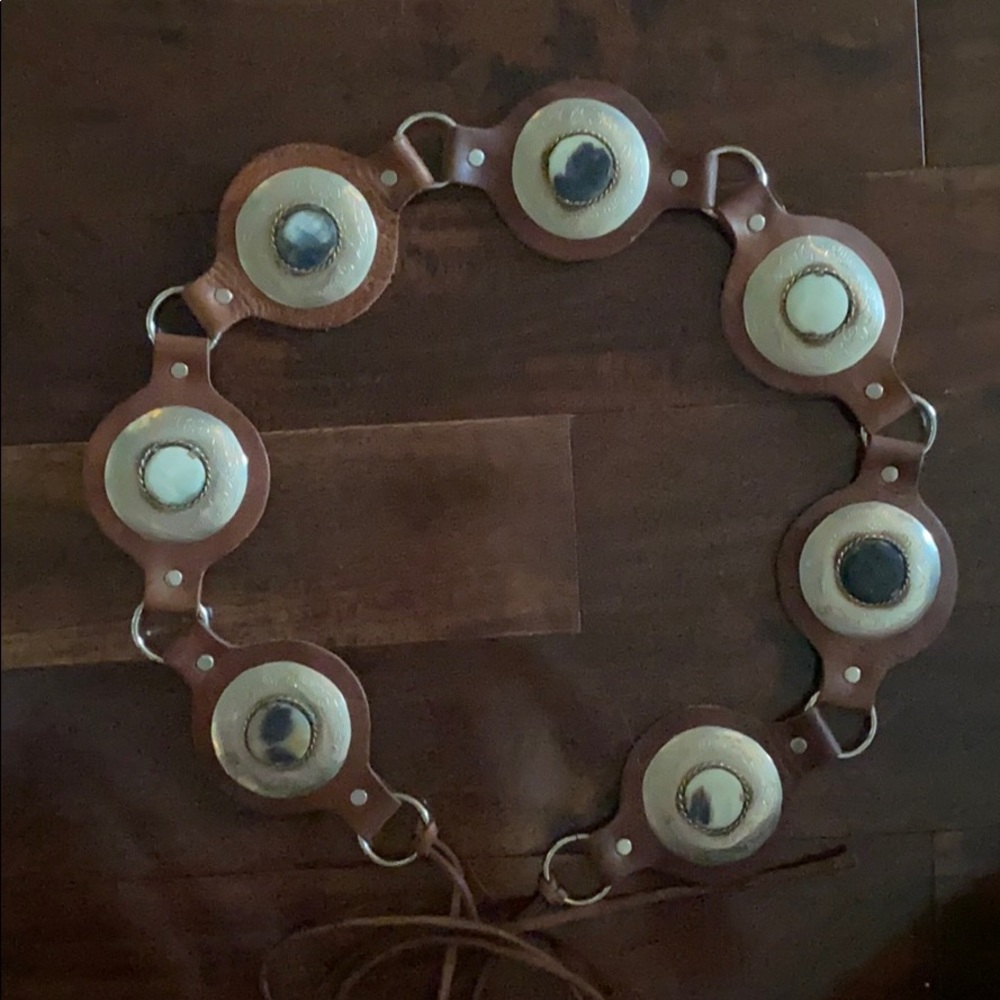 Brown Leather Sterling Silver and Stone Belt